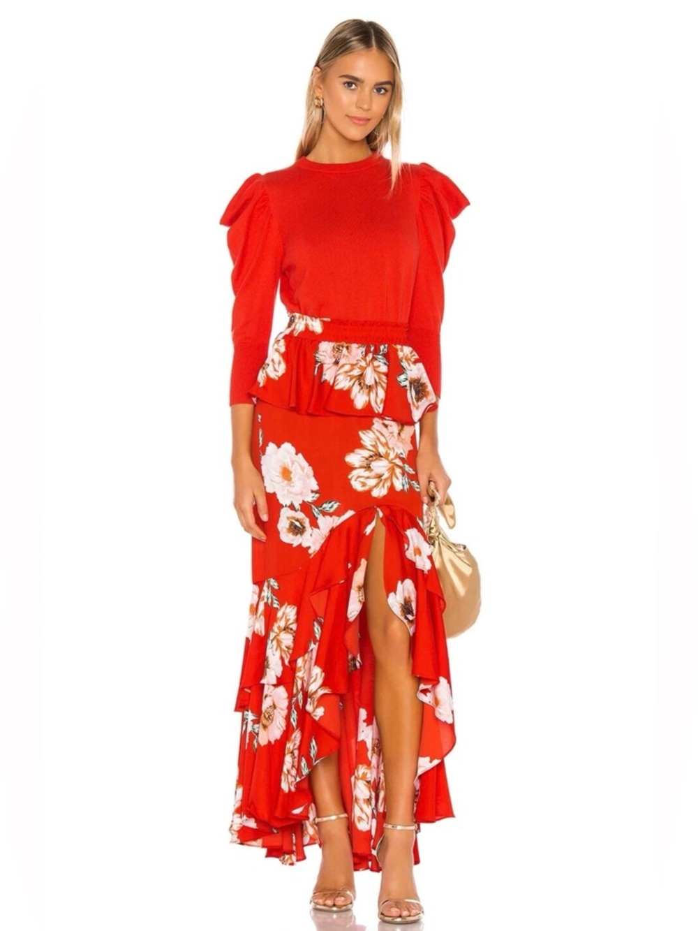 MISA Losa Angeles Lucia Red Maxi Skirt Poppy Floral Size M High low Asymmetric